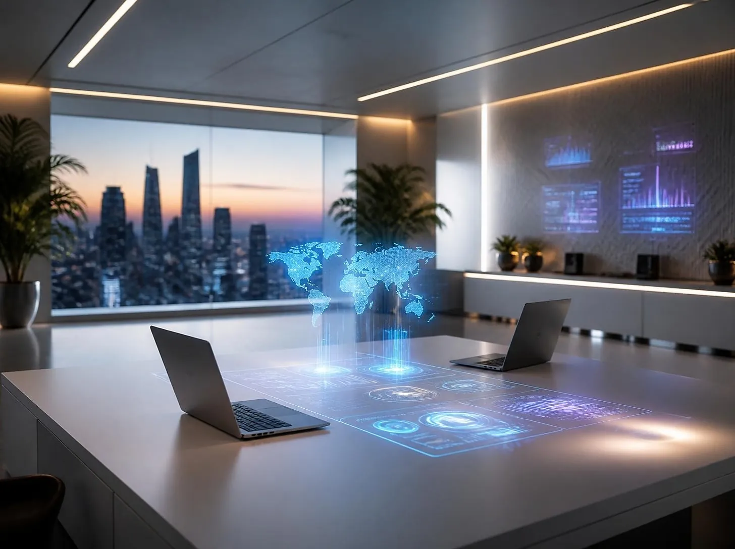 Oficina corporativa con tableros de datos holográficos sobre el escritorio
